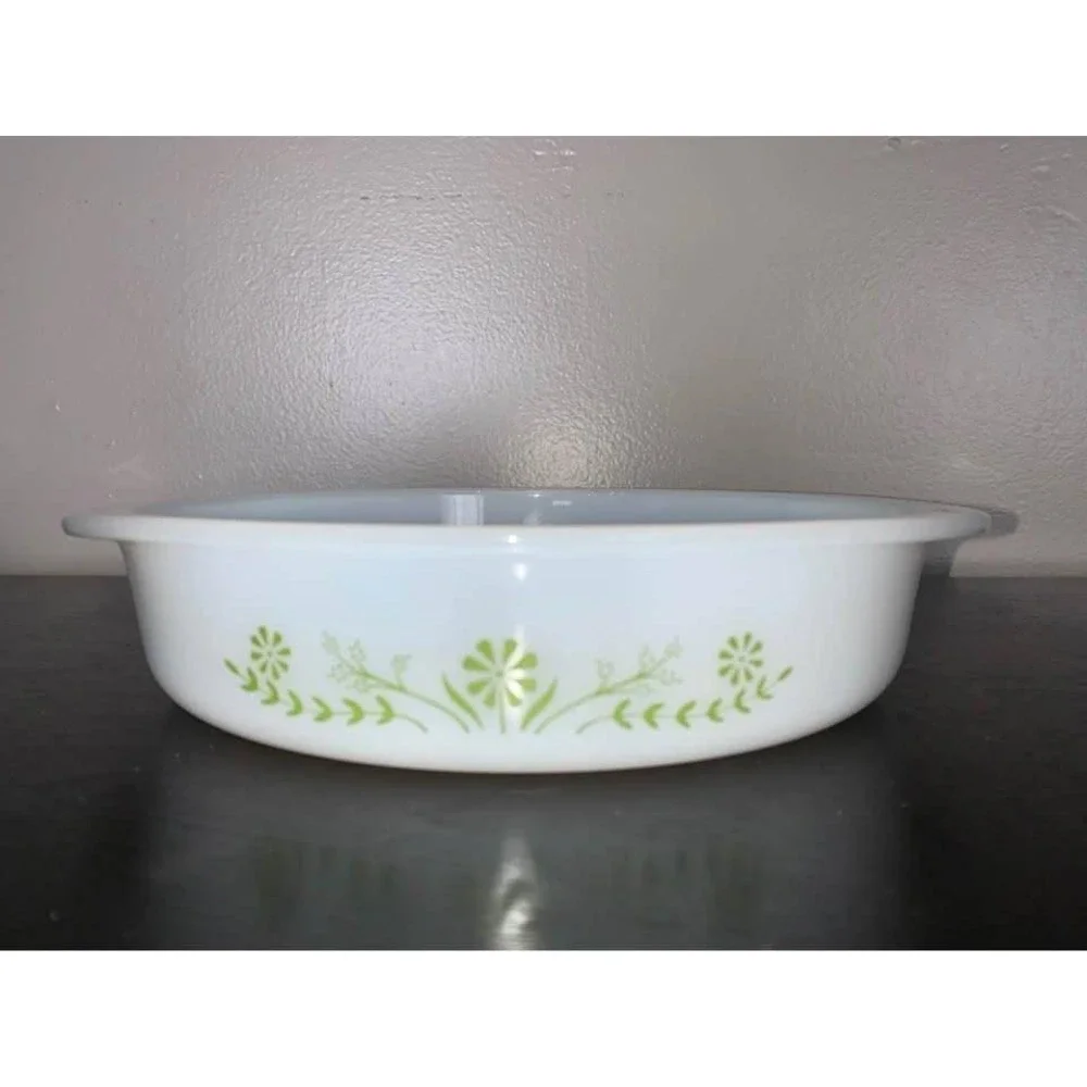 Vintage Glasbake Milk Glass Casserole Dish Green Daisy / Crazy Daisy 1960s–1970s